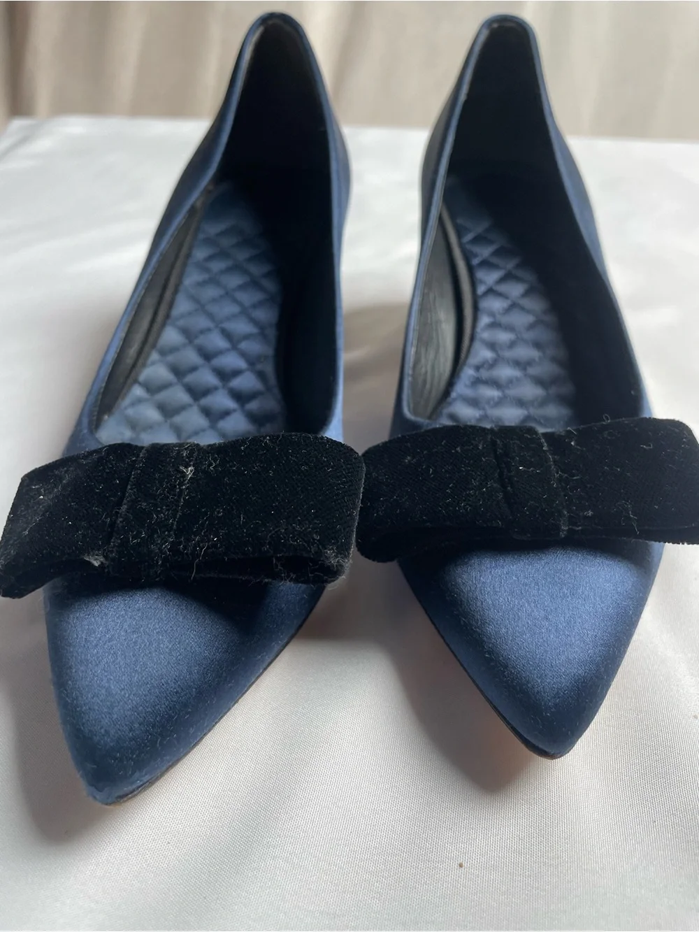 Tory Burch Navy Satin Pointed Flats with Black Velvet Bow
